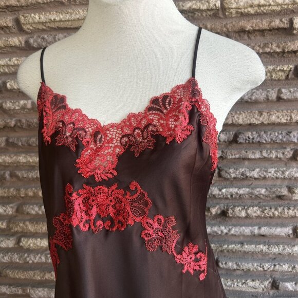 Natori Brown and Red Lace Satin Negligee and Robe Loungewear Set Size Small - Picture 9 of 10